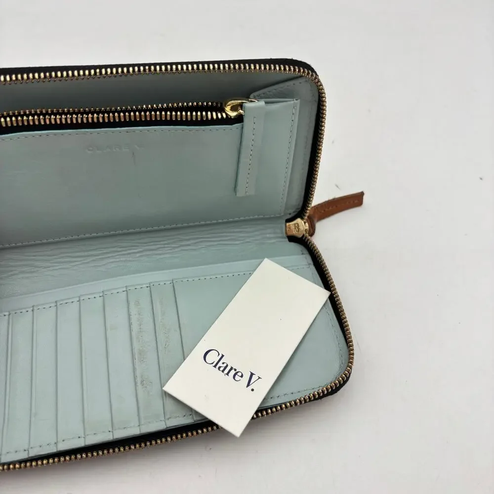 Clare V. Continental Printed Stripe Wallet Leather Tan Initial Logo Minimalist